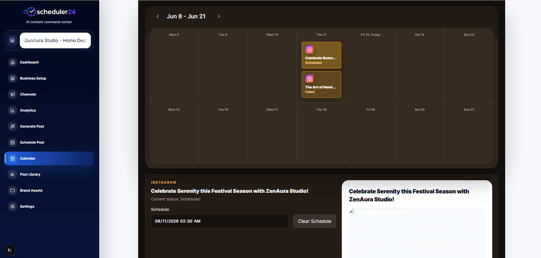 Scheduler24 content calendar screen